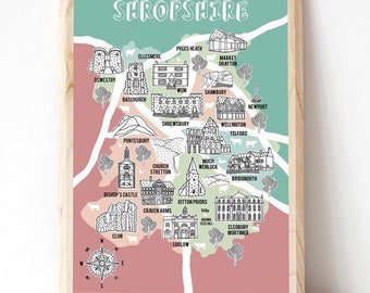 Shropshire Map, Illustrated Map, Shropshire Gifts, Map of Shropshire, Shropshire Art, Map Souvenir, Hand drawn map, County Map, New Home Art