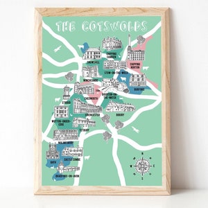 Carte des Cotswolds, Cadeaux des Cotswolds, Illustration de carte, Carte du comté, Cadeau de carte, Art des Cotswolds, Les Cotswolds, cadeau pour une nouvelle maison, carte dessinée à la main, fait main