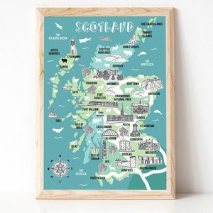 Mappa della Scozia, regali per la Scozia, illustrazione della mappa, mappa della contea, regalo mappa, arte della Scozia, TheHighlands, regalo per la nuova casa, mappa disegnata a mano, fatto a mano