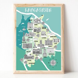 Carte du Lancashire, cadeau du Lancashire, illustration de carte, carte du comté, cadeau de carte, art du Lancashire, Lancashire, cadeau pour une nouvelle maison, carte dessinée à la main, fait main