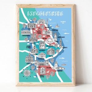 Carte du Lincolnshire, carte illustrée, cadeau du Lincolnshire, carte du Lincolnshire, Art du Lincolnshire, souvenir de carte, carte dessinée à la main, carte du comté, maison