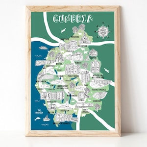 Carte de Cumbria, carte illustrée, cadeaux de Cumbria, carte de Cumbria, art de Cumbria, souvenir de carte, carte dessinée à la main, carte du comté, art nouveau pour la maison, art de cartes