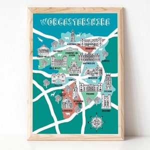 Carte du Worcestershire, carte illustrée, cadeau du Worcestershire, carte du comté, cadeau de la carte, art de Worcester, carte dessinée à la main, cadeau de la maison, carte de Worcester