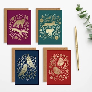 Lot de 4 cartes de Noël en métal doré, cartes de Noël animal, paquet de cartes de Noël, cartes en métal doré, cartes de Noël, cartes nature, animaux