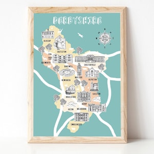 Carte du Derbyshire, cadeaux du Derbyshire, illustration de carte, carte du comté, cadeau de carte, art du Derbyshire, Derbyshire, cadeau pour une nouvelle maison, carte dessinée à la main, art de la carte