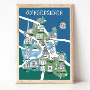 Carte de l'Oxfordshire, cadeaux de l'Oxfordshire, illustration de carte, carte du comté, cadeau de carte, art d'Oxford, Oxfordshire, cadeau pour une nouvelle maison, carte dessinée à la main, fait main