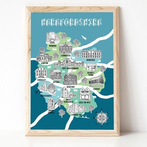 Carte du Herefordshire, carte illustrée, cadeaux du Herefordshire, carte du Herefordshire, art du Hereford, souvenir de carte, cartes dessinées à la main, carte du comté