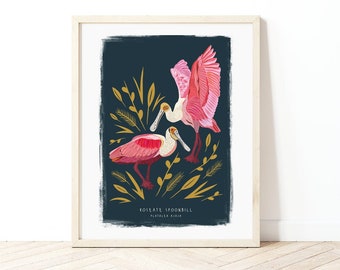 Spoonbill Poster, Roseate Spoonbill Print, Natural History Poster, Bird print, Colourful wall art, Bird lovers gift, Bird Illustration