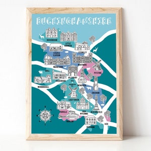 Carte du Buckinghamshire, cadeaux du Buckinghamshire, illustration de la carte, carte du comté, cadeau de la carte, art de la carte, Buckinghamshire, cadeau pour une nouvelle maison, carte dessinée à la main