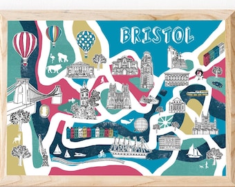 Illustrated Map of Bristol, Bristol Map Print, Bristol Illustration, Illustrated Map, Hand Drawn Map of Bristol, Bristol Art, Maps