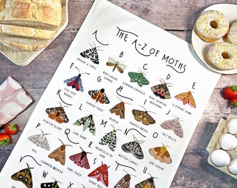 Moths tea towel, A-Z of moths tea towel, moths gift, Illustrated tea towel, Nature tea towel, kitchen gift, Illustrated homewares, Alphabet