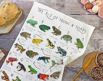 A-Z of Frogs Tea Towel, Frog lovers gift, Frog homewares, Frog tea towel, Illustrated tea towel, Frog gift, Tea towel gift, Frogs, Homewares