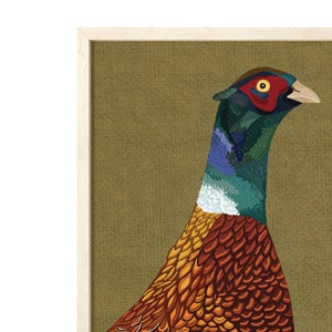 May include: A framed illustration of a pheasant with a green, blue, and white neck and a brown, orange, and yellow body. The pheasant is set against a green background.
