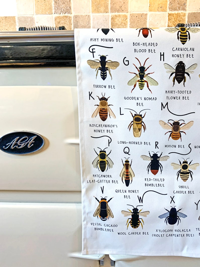 Bee Tea Towel, A-Z of Bees Tea Towel, Illustrated Tea Towel, Bumble Bee Homewares, Bee Gift, Kitchen Accessories Gift, Tea Towel image 4