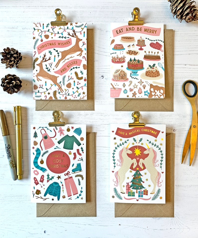 Gold Foiled Christmas Cards set of 4, Cute Christmas Cards, Whimsical Christmas cards, Christmas Card Pack, Illustrated Christmas Card Pack image 3