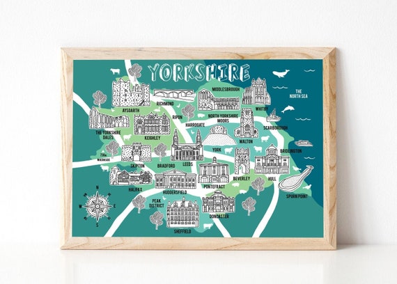 Yorkshire Map, Illustrated Map, Yorkshire Gifts, Map of Yorkshire, County Art, Map Souvenir, Hand drawn maps, Home County Map, Yorkshire