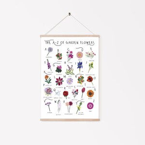 May include: A decorative print titled "The A-Z of Garden Flowers" displays a colourful floral alphabet. Each flower is labelled with a letter. The print is mounted on a wooden frame and hung by a natural cord.