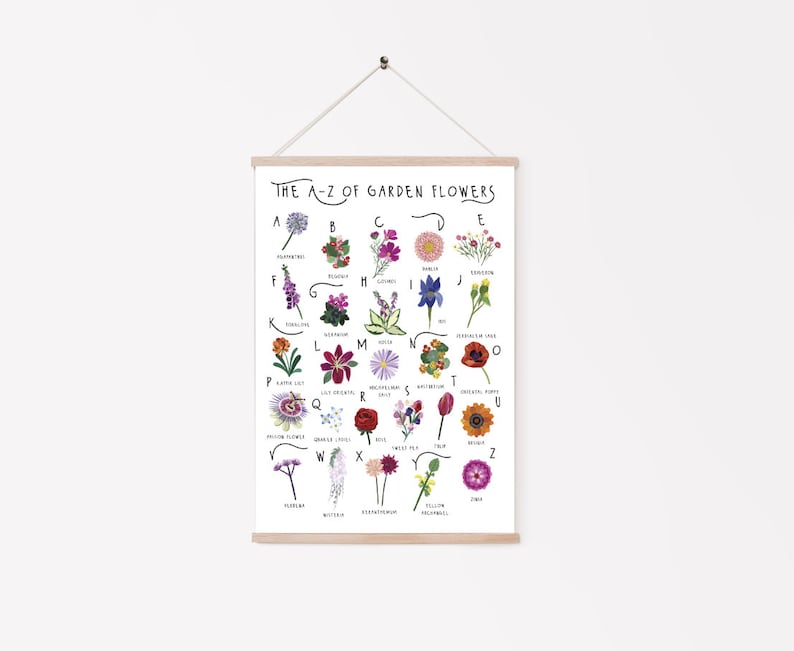 May include: A decorative print titled "The A-Z of Garden Flowers" displays a colourful floral alphabet. Each flower is labelled with a letter. The print is mounted on a wooden frame and hung by a natural cord.