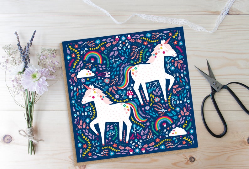 Unicorn card, whimsical card, folk art, cards for her, birthday cards, any occasion card, unicorn gift, I believe card, fairytale folk art image 4