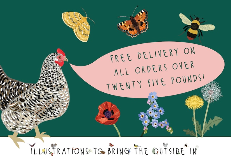 May include: A green background with a spotted hen, a pink speech bubble with the text "FREE DELIVERY ON ALL ORDERS OVER TWENTY FIVE POUNDS!" and various illustrations of flowers, butterflies, and a bee. The text at the bottom reads "ILLUSTRATIONS TO BRING THE OUTSIDE IN".