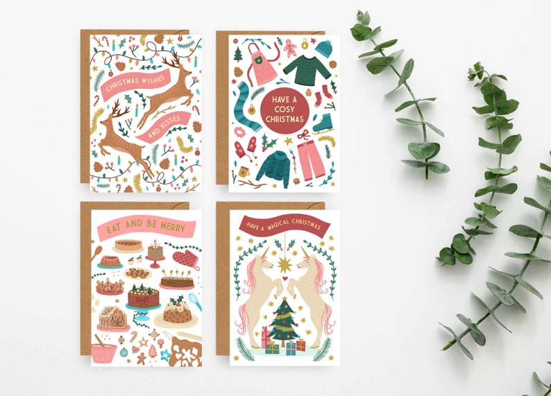 Gold Foiled Christmas Cards set of 4, Cute Christmas Cards, Whimsical Christmas cards, Christmas Card Pack, Illustrated Christmas Card Pack image 1