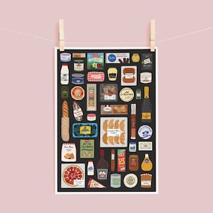 May include: A black and white illustration of a variety of French grocery items, including bread, cheese, wine, and pastries. The items are arranged in a grid pattern on a black background.