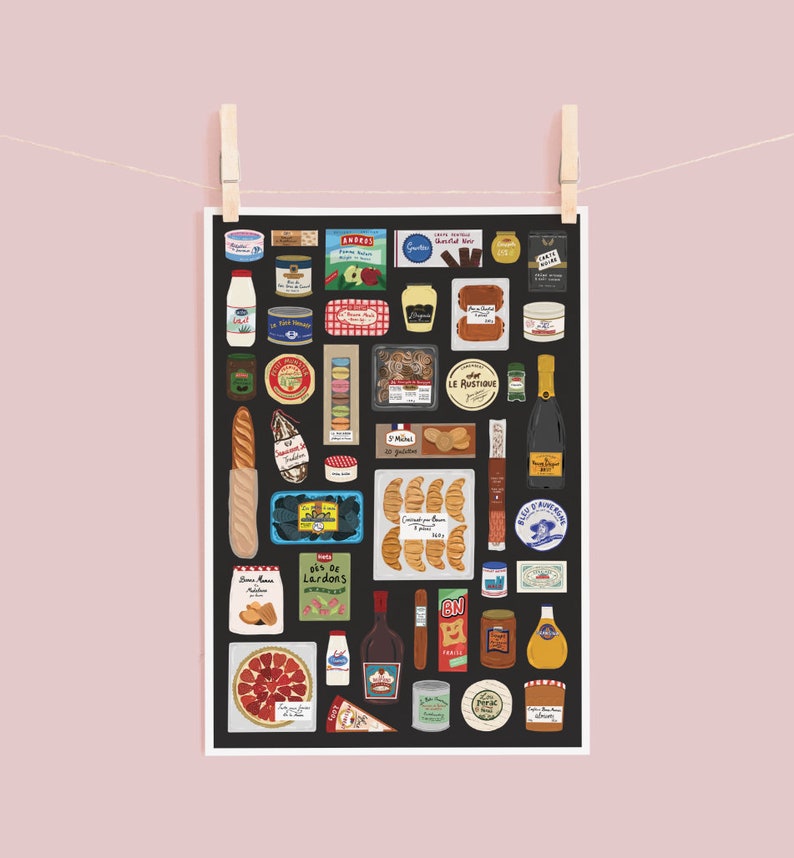 May include: A black and white illustration of a variety of French grocery items, including bread, cheese, wine, and pastries. The items are arranged in a grid pattern on a black background.