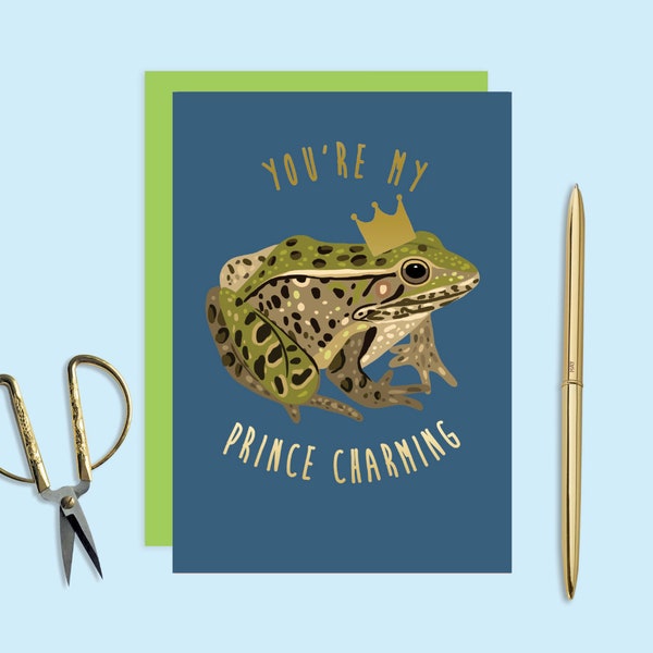 Prince Charming Valentines day card, Kiss a frog card, Cute frog card, Fairytale card, Romantic card, Cards for him, Valentines day card