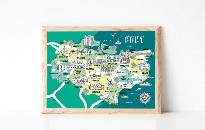 Kent Map Illustrated Map Kent Gifts Map of Kent Kent Art Etsy UK