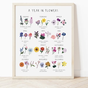 Een jaar in bloemen Poster, Seizoensgebonden bloemen afdrukken, Tuinders poster, Bloemenprint, Tuinposter, Soorten bloemen, Seizoensgebonden bloemenkaart