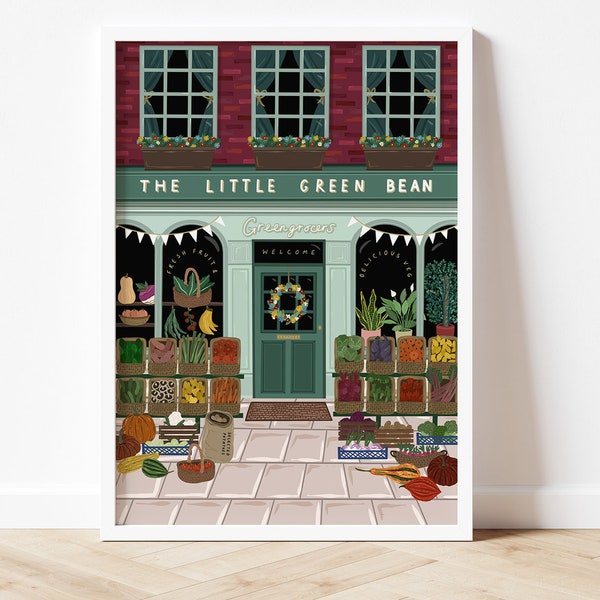 Greengrocers Shop front print, Cute shop front print, Greengrocers print, Kitchen wall art, shop front illustration, British shop front art