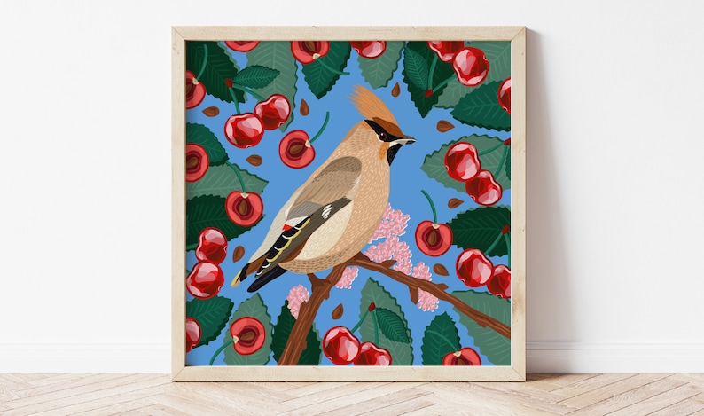 Waxwing Print, Wild Bird print, Quirky Bird art, Waxwing Bird art, Bird poster, wall art, home decor, gifts, animal lovers art, Birds Poster image 1