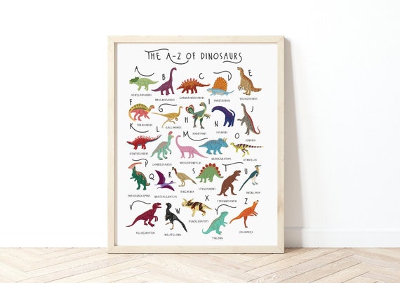 A-Z Of Dinosaurs, Dinosaur Print, Types of Dinosaurs Art, Alphabet Poster, Dino lover gift, Dino Poster, A-Z of Dinosaurs, Nursery Art, Dino