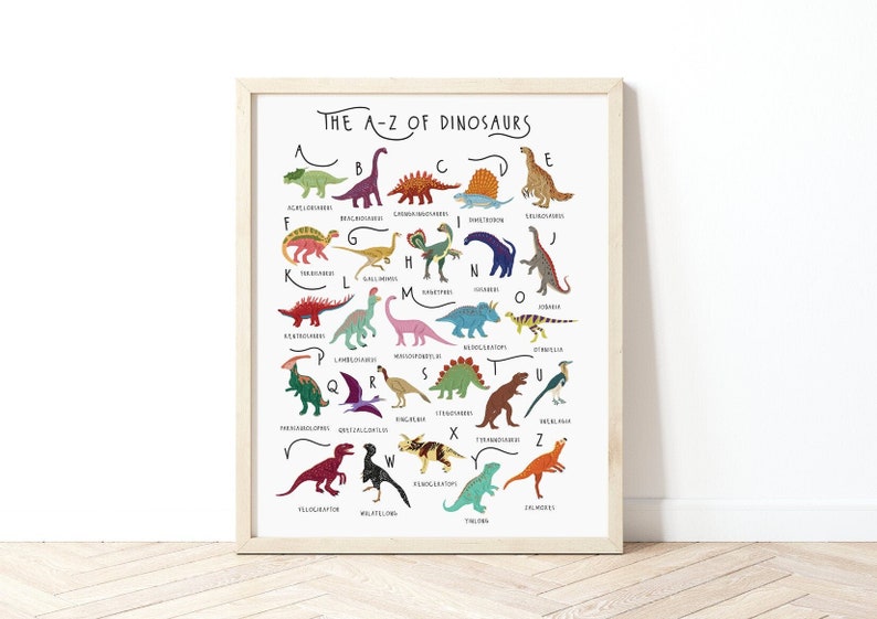 A-Z of dinosaur print, dinosaur alphabet, illustrated dinosaurs, kids dinosaur print, colourful dinosaur print