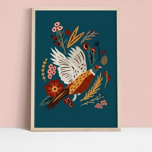 May include: A teal blue background with a stylized illustration of a pheasant flying through a cluster of flowers and leaves. The pheasant is brown, orange, and yellow with white wings. The flowers are red, orange, yellow, and pink.
