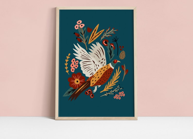 May include: A teal blue background with a stylized illustration of a pheasant flying through a cluster of flowers and leaves. The pheasant is brown, orange, and yellow with white wings. The flowers are red, orange, yellow, and pink.