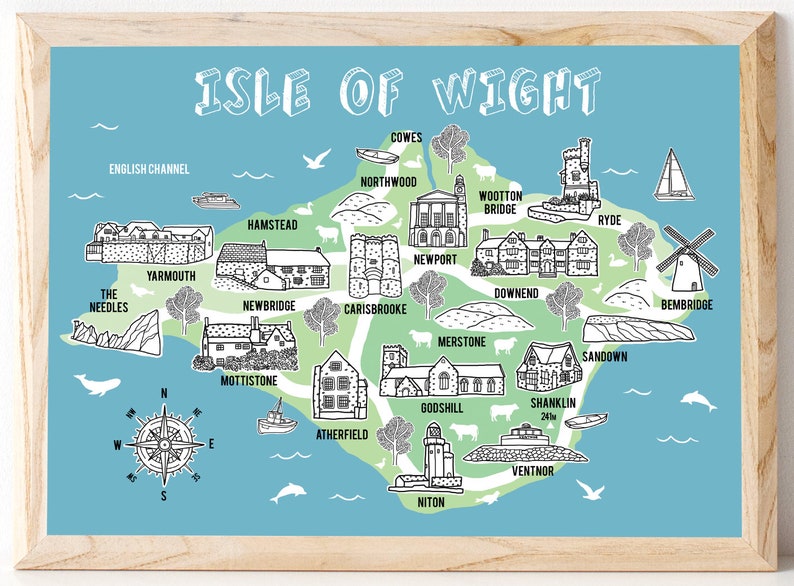 Aller à L'ile De Wight Depuis La France Carte de l'île de Wight Carte illustrée Dons de | Etsy