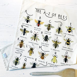 Bee Tea Towel, A-Z of Bees Tea Towel, Illustrated Tea Towel, Bumble Bee Homewares, Bee Gift, Kitchen Accessories Gift, Tea Towel image 2