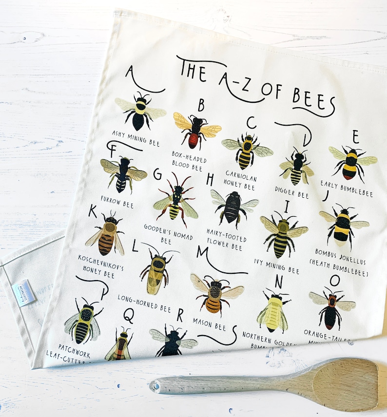 Bee Tea Towel, A-Z of Bees Tea Towel, Illustrated Tea Towel, Bumble Bee Homewares, Bee Gift, Kitchen Accessories Gift, Tea Towel image 2