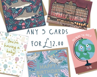Card Bundle any 5 Greetings Cards for 12 Pounds, Quirky Fun Illustrated Greetings Cards, Blank for own Message, Mix & Match Designs