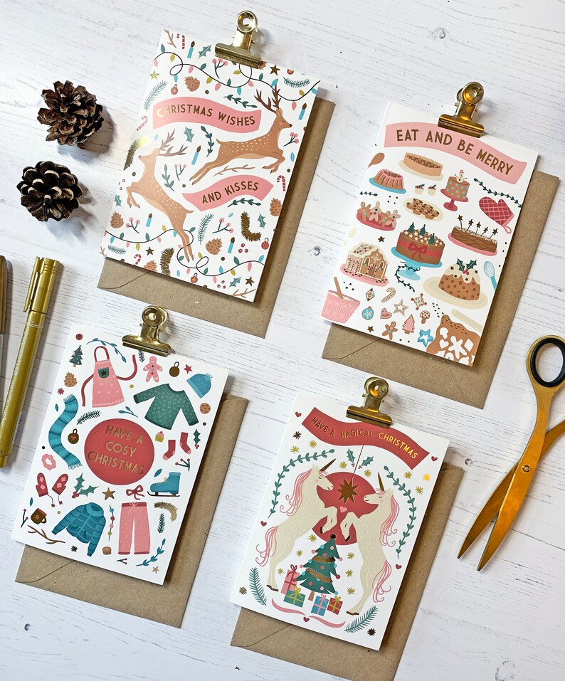 Gold Foiled Christmas Cards set of 4, Cute Christmas Cards, Whimsical Christmas cards, Christmas Card Pack, Illustrated Christmas Card Pack image 5
