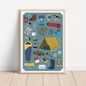 Peut inclure: Une tente de camping bleue et jaune avec une variété d'équipements de camping, dont un sac de couchage, une lanterne, une boussole, une trousse de premiers soins, un sac à dos, une carte, une lampe de poche, une tasse, une hache, une corde, une paire de bottes de randonnée, une paire de chaussettes, une bouteille d'eau, une cuillère en bois, un ensemble de clous, un briquet et un chapeau.