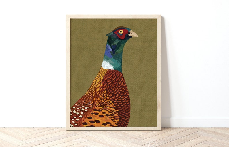 May include: A framed illustration of a pheasant with a green, blue, and red head and a brown, orange, and white body against a green background.