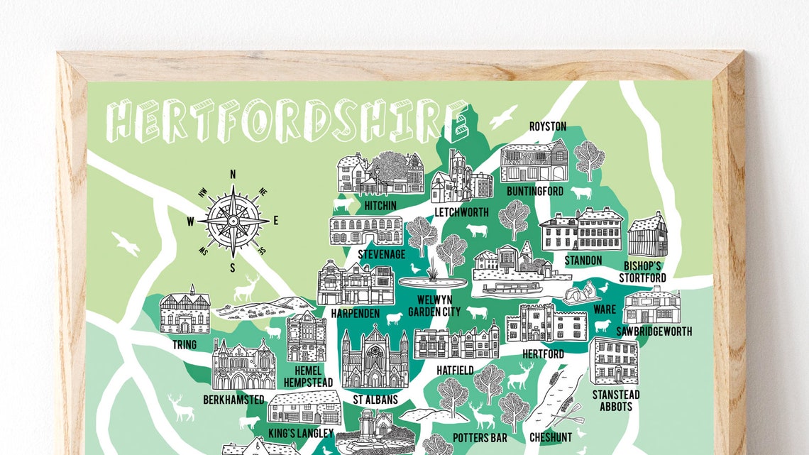 Hertfordshire Map Illustrated Map Hertfordshire Gifts Map Etsy UK