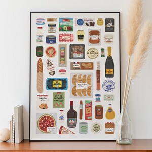 May include: A colorful illustration of a variety of French grocery items, including bread, pastries, cheese, wine, and other packaged goods. The illustration is set against a white background.
