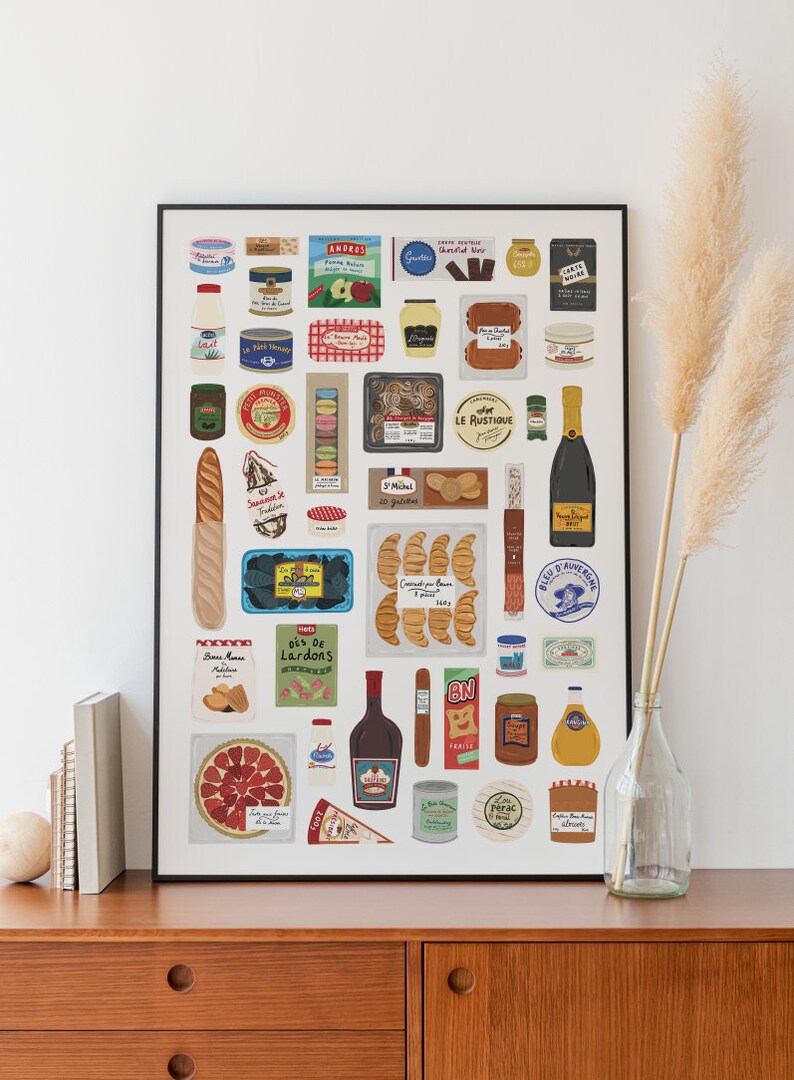 May include: A colorful illustration of a variety of French grocery items, including bread, pastries, cheese, wine, and other packaged goods. The illustration is set against a white background.