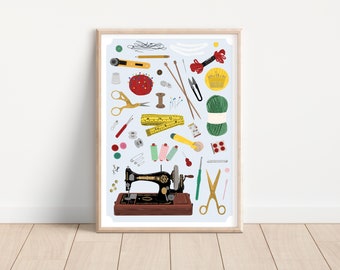Sewing Print, Haberdashery print, Textiles and sewing, Sewing art print, Sewing gift, Sewing tools, Embroidery print, Knitting art print