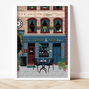 Coffee Shop front print, Tea & coffee shop art, Coffee lovers gift, Tea lovers gift, British cafe poster, Cafe wall art, Kitchen wall art