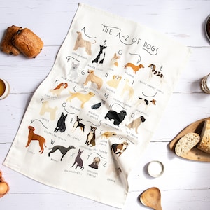 Dogs Tea Towel, A-Z of Dogs Tea Towel, Illustrated Tea Towel, Dog Homewares, Dog lovers Gift, Kitchen Accessories Gift, Tea Towel image 1