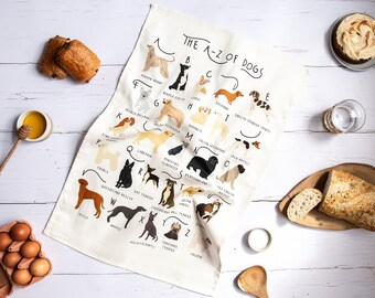Dogs Tea Towel, A-Z of Dogs Tea Towel, Illustrated Tea Towel, Dog Homewares, Dog lovers Gift, Kitchen Accessories Gift, Tea Towel